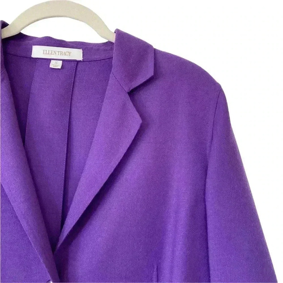 Ellen Tracy Purple Blazer Small Wool 3 Button Front Shoulder Pads Office Career - Picture 4 of 10